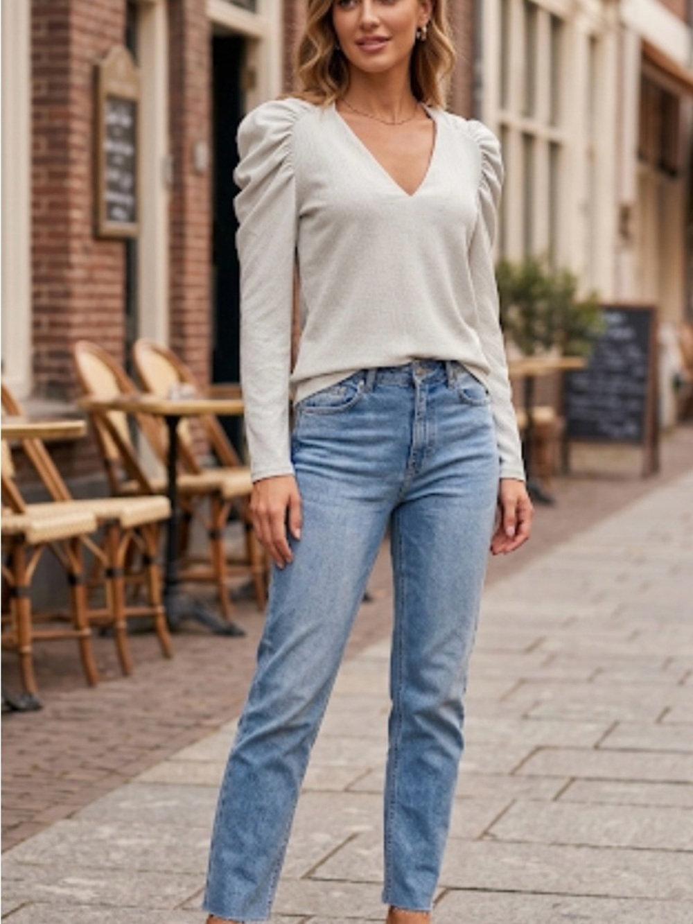 Rebecca Taylor Ivory Puff-Sleeve V-Neck Top